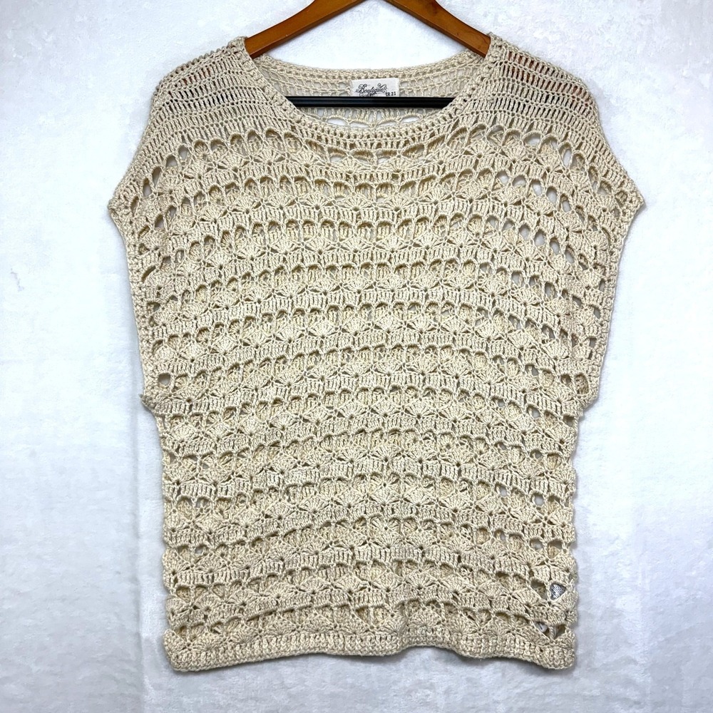 Forever 21 M Beige Crochet Top Boho Cottage Coastal Grandma Summer Beach Coverup